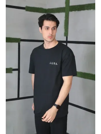 Unisex Bisiklet Yaka Baskılı Oversize T-Shirt - Siyah Unisex Bisiklet Yaka Baskılı Oversize T-Shirt - Siyah