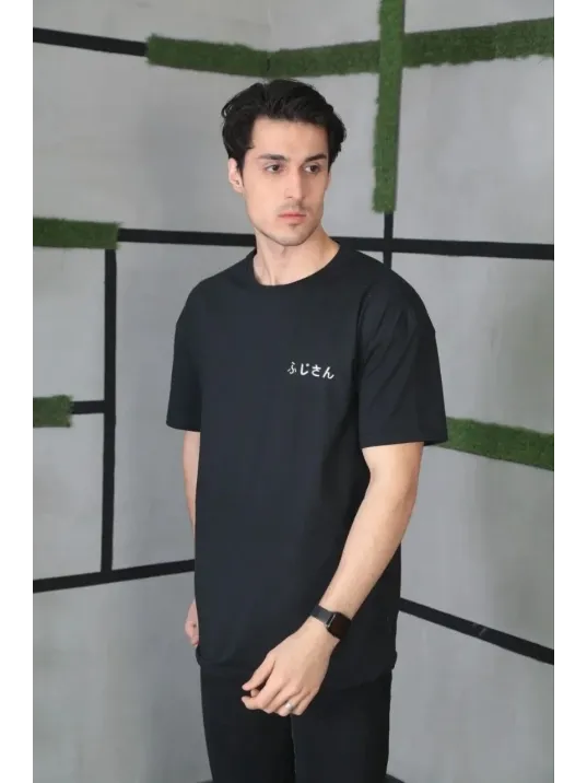 Unisex Bisiklet Yaka Baskılı Oversize T-Shirt - Siyah