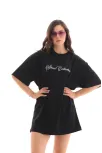 Unisex Bisiklet Yaka Baskılı Oversize T-shirt - Siyah