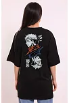 Unisex Bisiklet Yaka Baskılı Oversize T-shirt - Siyah