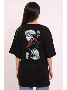 Unisex Bisiklet Yaka Baskılı Oversize T-shirt - Siyah