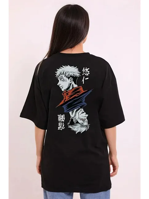 Unisex Bisiklet Yaka Baskılı Oversize T-shirt - Siyah
