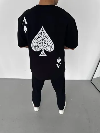 Unisex Bisiklet Yaka Baskılı Oversize T-shirt - Siyah