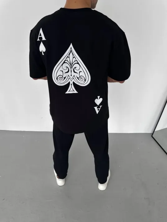 Unisex Bisiklet Yaka Baskılı Oversize T-shirt - Siyah