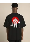 Unisex Bisiklet Yaka Baskılı Oversize T-shirt - Siyah