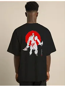 Unisex Bisiklet Yaka Baskılı Oversize T-shirt - Siyah