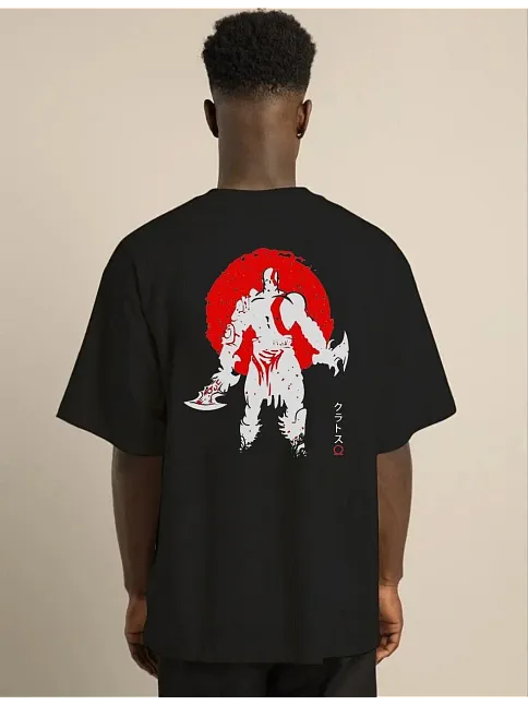 Unisex Bisiklet Yaka Baskılı Oversize T-shirt - Siyah