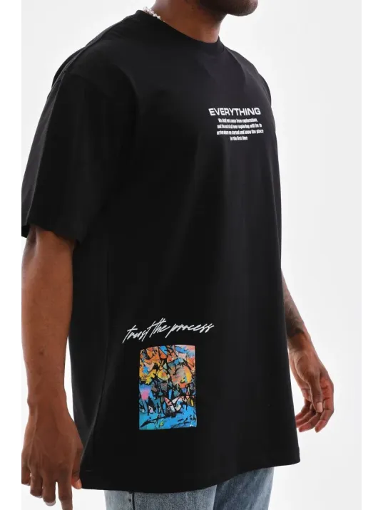 Unisex Bisiklet Yaka Baskılı Oversize T-Shirt - Siyah Unisex Bisiklet Yaka Baskılı Oversize T-Shirt - Siyah