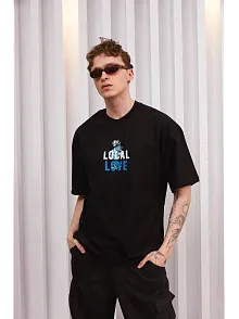Unisex Bisiklet Yaka Baskılı Oversize T-shirt - Siyah