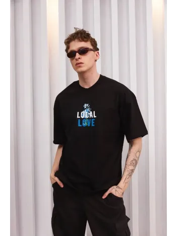 Unisex Bisiklet Yaka Baskılı Oversize T-Shirt - Siyah Unisex Bisiklet Yaka Baskılı Oversize T-Shirt - Siyah