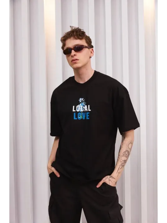 Unisex Bisiklet Yaka Baskılı Oversize T-Shirt - Siyah Unisex Bisiklet Yaka Baskılı Oversize T-Shirt - Siyah