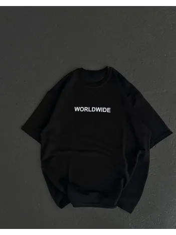 Unisex Bisiklet Yaka Baskılı Oversize T-Shirt - Siyah Unisex Bisiklet Yaka Baskılı Oversize T-Shirt - Siyah