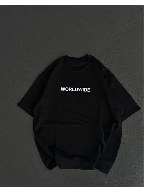 Unisex Bisiklet Yaka Baskılı Oversize T-shirt - Siyah