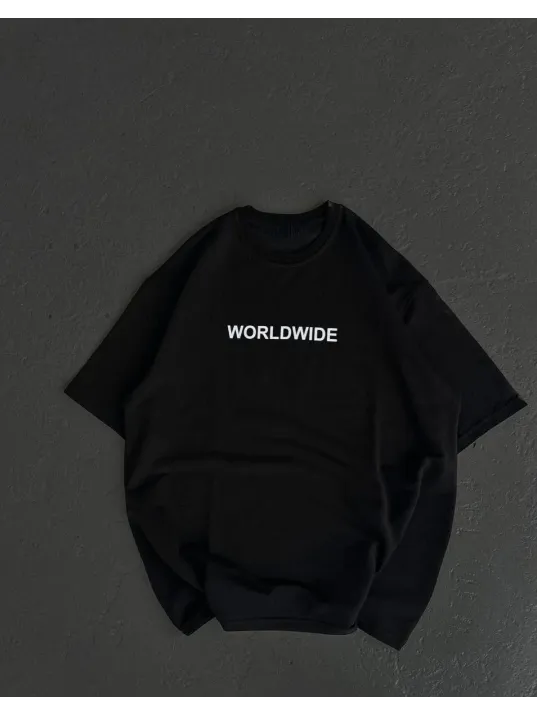 Unisex Bisiklet Yaka Baskılı Oversize T-Shirt - Siyah Unisex Bisiklet Yaka Baskılı Oversize T-Shirt - Siyah