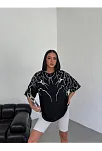 Unisex Bisiklet Yaka Baskılı Oversize T-shirt - Siyah