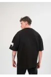 Unisex Bisiklet Yaka Baskılı Oversize T-shirt - Siyah