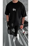 Unisex Bisiklet Yaka Baskılı Oversize T-shirt - Siyah