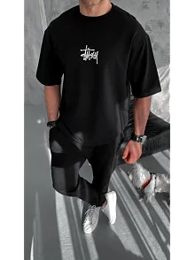 Unisex Bisiklet Yaka Baskılı Oversize T-shirt - Siyah
