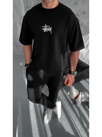 Unisex Bisiklet Yaka Baskılı Oversize T-Shirt - Siyah Unisex Bisiklet Yaka Baskılı Oversize T-Shirt - Siyah