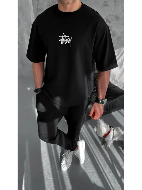 Unisex Bisiklet Yaka Baskılı Oversize T-shirt - Siyah