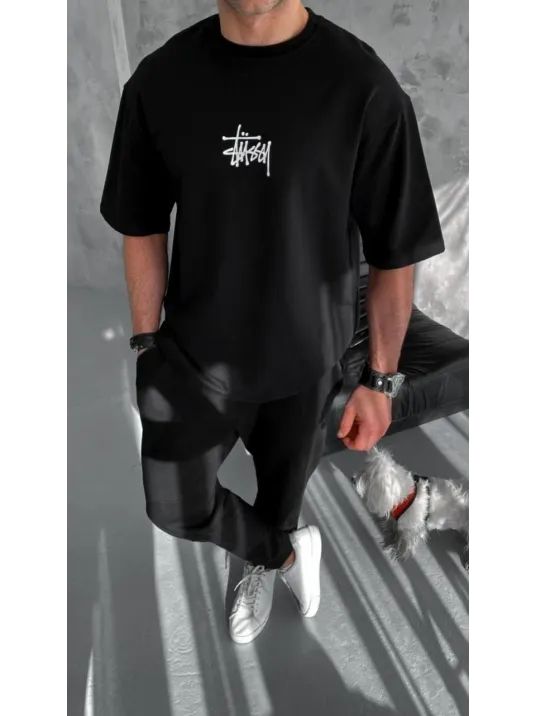 Unisex Bisiklet Yaka Baskılı Oversize T-Shirt - Siyah Unisex Bisiklet Yaka Baskılı Oversize T-Shirt - Siyah