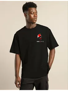 Unisex Bisiklet Yaka Baskılı Oversize T-shirt - Siyah