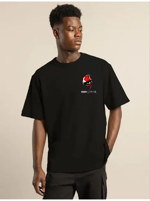 Unisex Bisiklet Yaka Baskılı Oversize T-shirt - Siyah