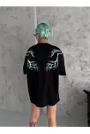 Kadın Bisiklet Yaka Baskılı  Kısa Kol Oversize T-shirt - Siyah