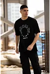 Unisex Bisiklet Yaka Baskılı Oversize T-shirt - Siyah