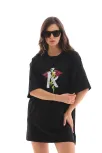 Unisex Bisiklet Yaka Baskılı Oversize T-shirt - Siyah