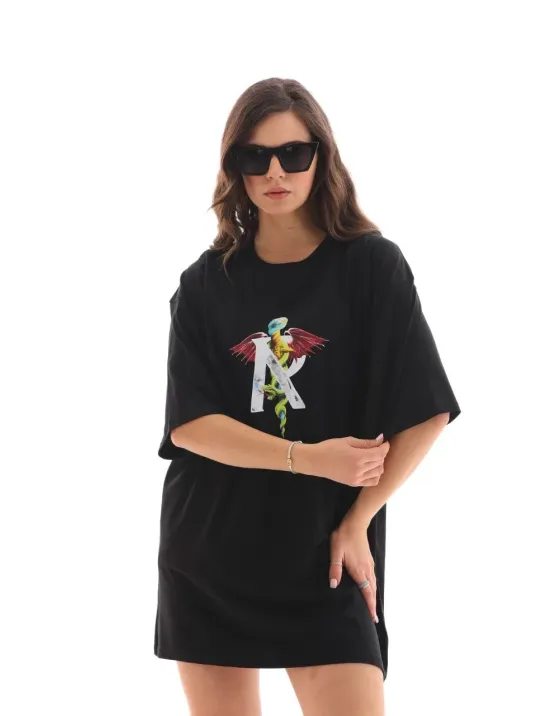 Unisex Bisiklet Yaka Baskılı Oversize T-Shirt - Siyah