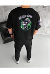 Unisex Bisiklet Yaka Baskılı Oversize T-shirt - Siyah