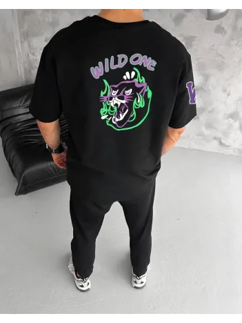 Unisex Bisiklet Yaka Baskılı Oversize T-shirt - Siyah