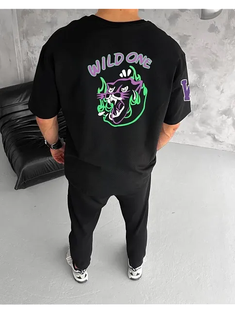 Unisex Bisiklet Yaka Baskılı Oversize T-shirt - Siyah