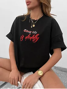 Unisex Bisiklet Yaka Baskılı Oversize T-shirt - Siyah