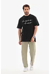 Unisex Bisiklet Yaka Baskılı Oversize T-shirt - Siyah