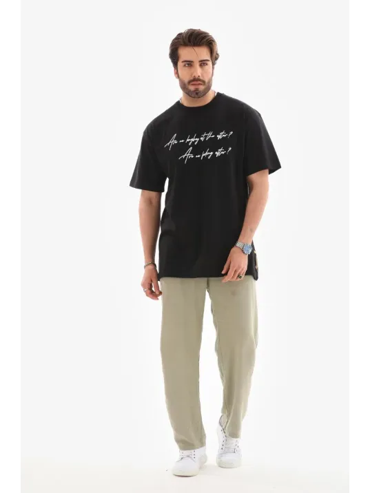 Unisex Bisiklet Yaka Baskılı Oversize T-shirt - Siyah