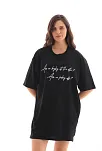 Unisex Bisiklet Yaka Baskılı Oversize T-shirt - Siyah