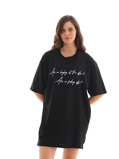 Unisex Bisiklet Yaka Baskılı Oversize T-shirt - Siyah