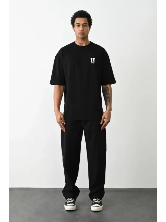 Unisex Bisiklet Yaka Baskılı Oversize T-Shirt - Siyah Unisex Bisiklet Yaka Baskılı Oversize T-Shirt - Siyah