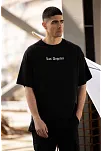 Unisex Bisiklet Yaka Baskılı Oversize T-shirt - Siyah