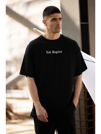 Unisex Bisiklet Yaka Baskılı Oversize T-Shirt - Siyah Unisex Bisiklet Yaka Baskılı Oversize T-Shirt - Siyah