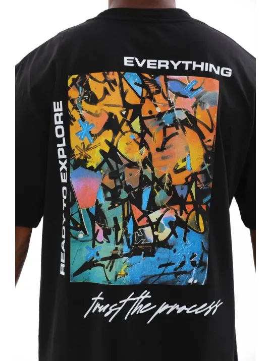 Unisex Bisiklet Yaka Baskılı Oversize T-Shirt - Siyah Unisex Bisiklet Yaka Baskılı Oversize T-Shirt - Siyah