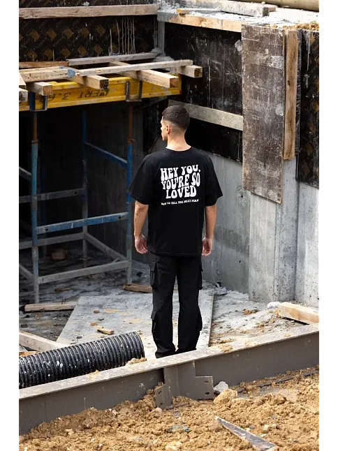 Unisex Bisiklet Yaka Baskılı Oversize T-shirt - Siyah