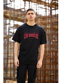 Unisex Bisiklet Yaka Baskılı Oversize T-shirt - Siyah