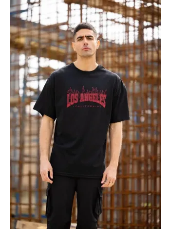 Unisex Bisiklet Yaka Baskılı Oversize T-Shirt - Siyah Unisex Bisiklet Yaka Baskılı Oversize T-Shirt - Siyah