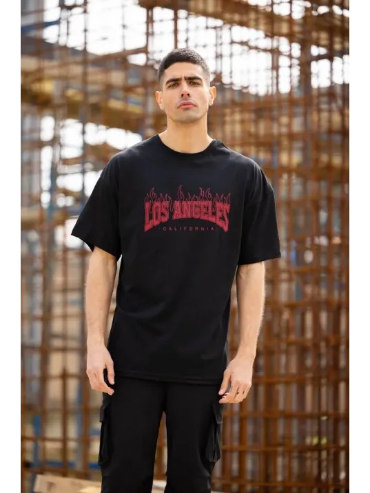 Unisex Bisiklet Yaka Baskılı Oversize T-Shirt - Siyah Unisex Bisiklet Yaka Baskılı Oversize T-Shirt - Siyah