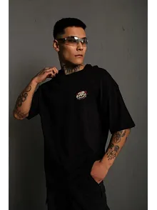 Unisex Bisiklet Yaka Baskılı Oversize T-shirt - Siyah