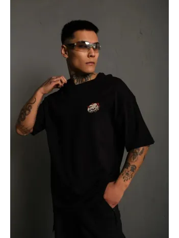 Unisex Bisiklet Yaka Baskılı Oversize T-Shirt - Siyah Unisex Bisiklet Yaka Baskılı Oversize T-Shirt - Siyah