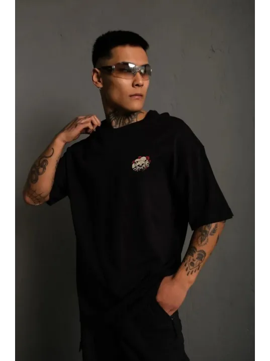 Unisex Bisiklet Yaka Baskılı Oversize T-Shirt - Siyah Unisex Bisiklet Yaka Baskılı Oversize T-Shirt - Siyah